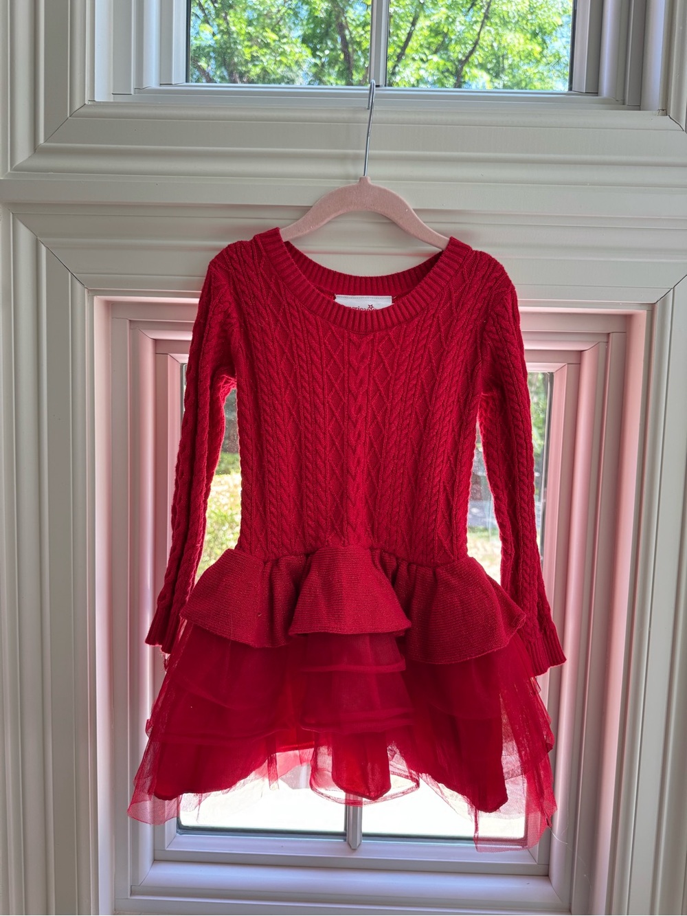 Girls Red Cable-Knit Peplum Tulle Dress